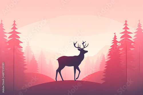 Minimalist illustration of a deer silhouette in the evergreen mountains  pink and red hues