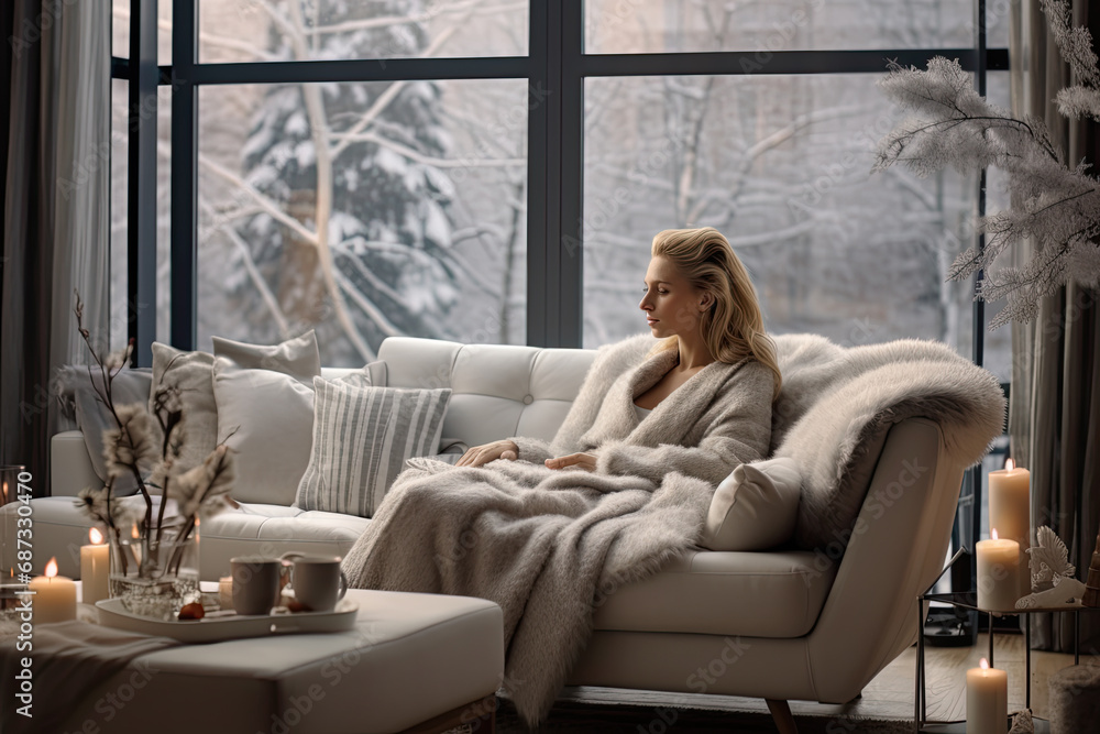 Winter in a modern apartment, mature woman is sitting on the sofa Winter in a modern apartment, mature woman is sitting on the sofa