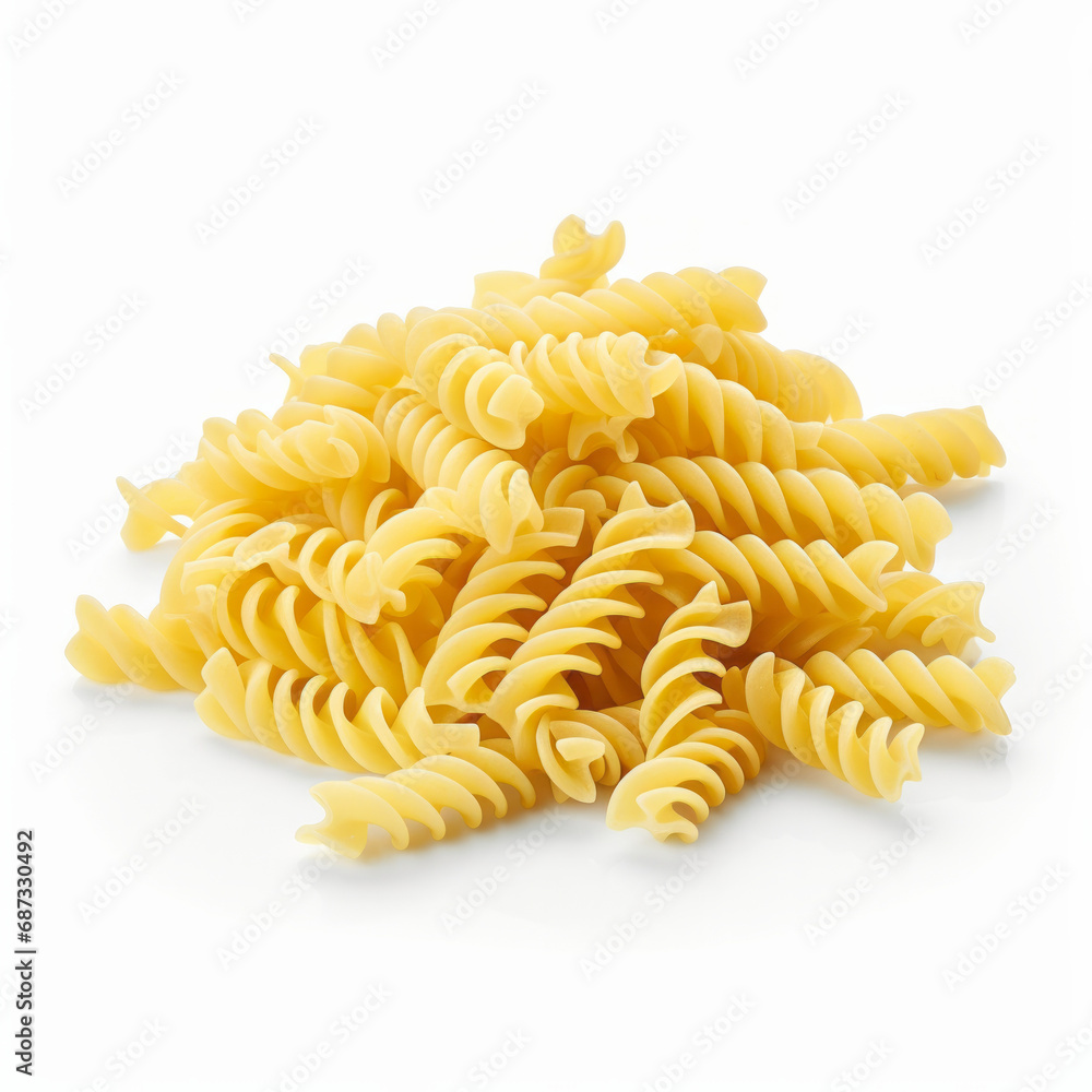 A pile of Fusilli pasta on a white background. This unique pasta shape and color make it an eye-catching ingredient for creative culinary dishes A pile of Fusilli pasta on a white background. This unique pasta shape and color make it an eye-catching ingredient for creative culinary dishes