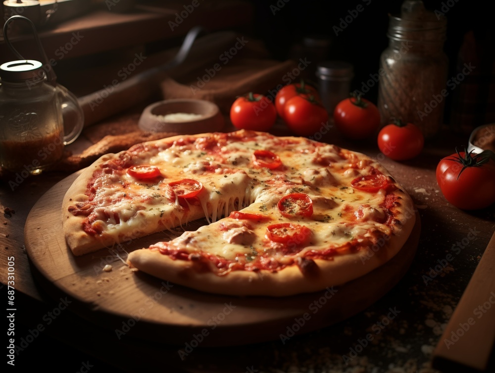 Pizza with tomatoes and cheese on a wooden board Pizza with tomatoes and cheese on a wooden board
