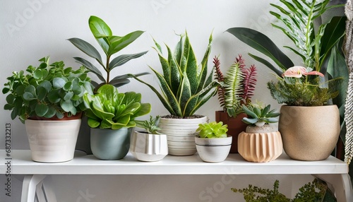 collection of various houseplants displayed in ceramic pots with background potted exotic house plants on white shelf against white wall home garden banner photo