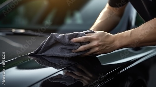 A man cleaning a car with microfiber cloth. close-up