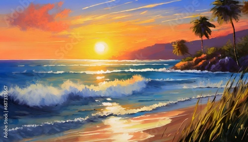Fototapeta Naklejka Na Ścianę i Meble -  sunset painting with the ocean on the coast illustration generative ai