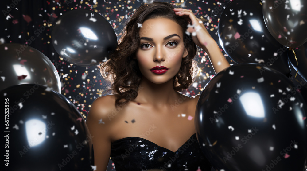 Glamorous close up portrait of brunette model at a party, in a party dress, with confetti and balloons.