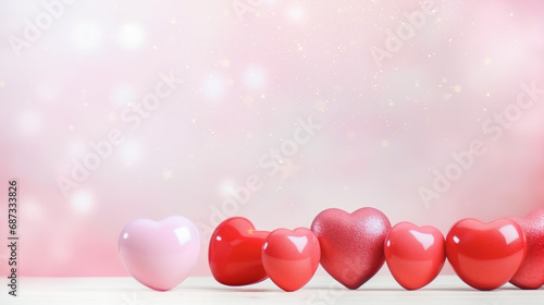 festive background with a group of pink hearts with unfocused lights in the background. place for the text