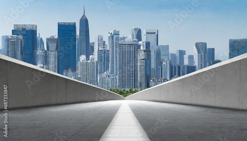 concrete road with city skyline commercial building background illustration for product presentation template copy space wallpaper © Mary