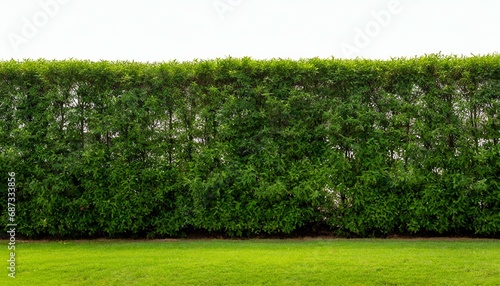 long tree hedge and green grass lawn the upper part on white background