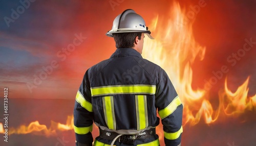 back view of a firefighter against fiery background
