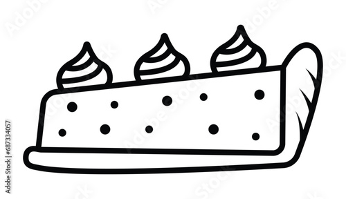 Black line piece of creamy pie, biscuit cake slice with sides and cream, vector doodle