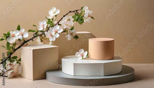 decorative podiums and blooming branch on beige background