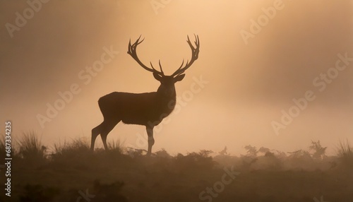 red deer stag silhouette in the mist © Mary