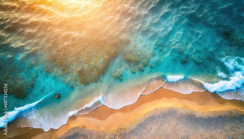 abstract sand beach from above with light blue water wave and sun lights summer vacation background concept generative ai