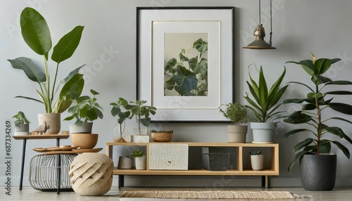 beautiful plants in various pots are shown in a stylish scandinavian environment together with a design cabinet a mock up photo frame and attractive accessories modern interior design a minimalist