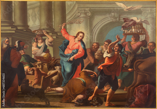 VICENZA, ITALY - NOVEMBER 6, 2023: The painting of Cleansing the Temple n the church Chiesa di San Filippo Neri by unknown artist.

