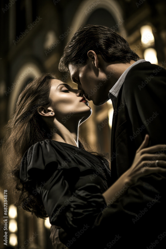 Naklejka premium Elegant an in a Suit and a Beautiful Woman in a Ball Gown dancing like in the 60s Wallpaper Music Background Digital Art Cover Poster