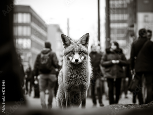 Street fox standing in the crowd in the city.