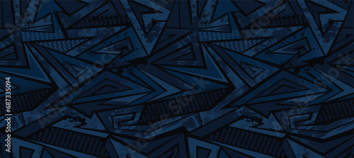 Seamless Pattern grunge geometric Background. Textured geometrical Ornament with curved lines, arrows, splatters. Curved striped ornament in blue colors