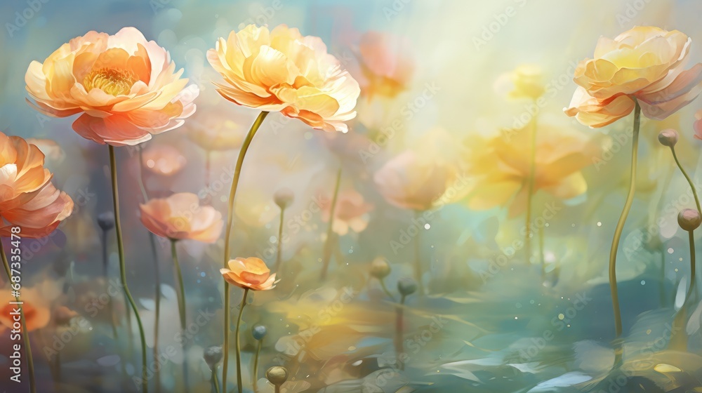 Obraz premium A painting of orange flowers in a field. Generative AI.