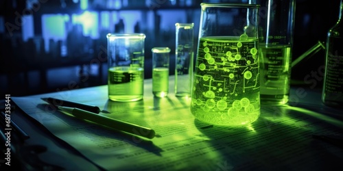 A table topped with glass beakers filled with green liquid. Generative AI. photo