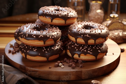 Chocolate donuts with chocolate glaze on wooden table, closeup, Ai Generated