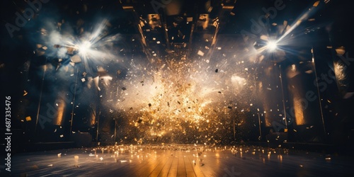 A stage with a lot of lights and confetti. Generative AI. photo