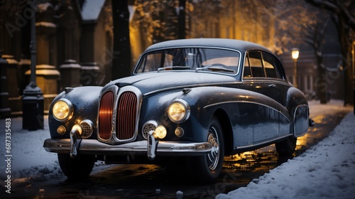 a classic vintage car, coated with a dusting of snow, parked on a street adorned with snow-covered trees and glowing streetlights, evoking a nostalgic winter scene. 