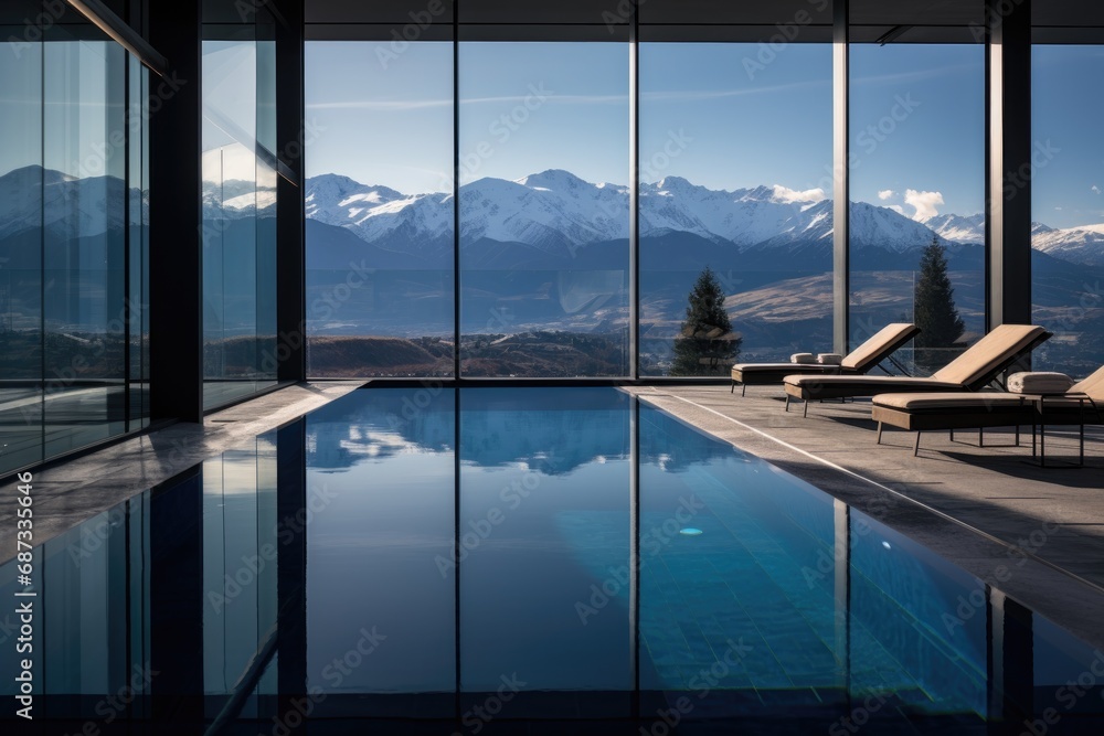 Fototapeta premium Pool overlooking snowy mountains