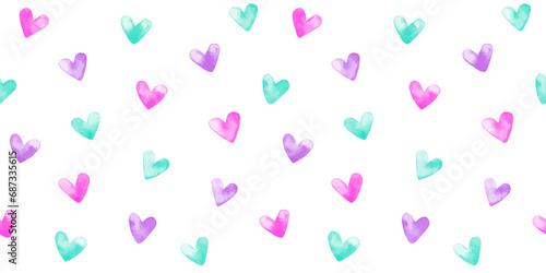 Colorful watercolor tiny hearts seamless repeat vector pattern. Valentine's day purple, mint green, pink aquarelle background. Hand brush drawn, doodle painted watercolour cute heart shapes