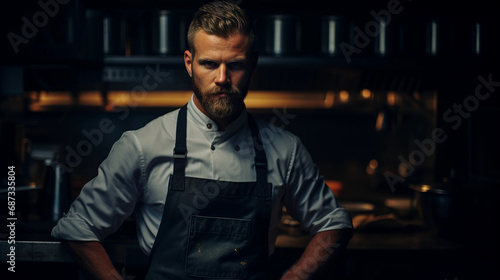 Dark and moody low-key portrait of a chef  kitchen backdrop  contrast between the shine of steel and skin