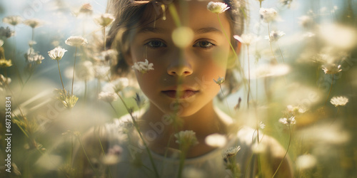 child's innocent face superimposed with a field of wildflowers