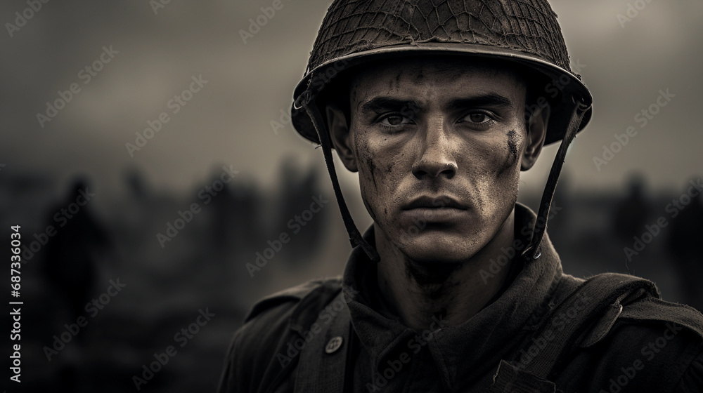 Historical composite portrait, a soldier's face blended with an old battlefield landscape, monochromatic