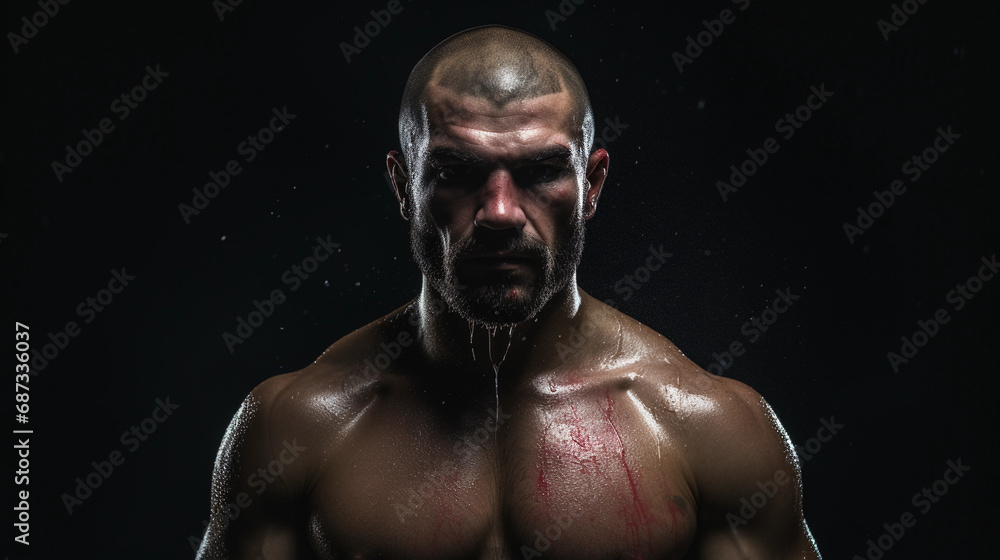 male boxer, glistening sweat, stark contrast, defined muscle tone, black background