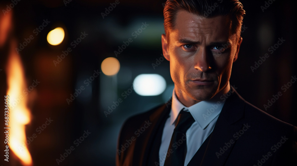 actor, dramatic side lighting, sharp suit, brooding mood actor, dramatic side lighting, sharp suit, brooding mood