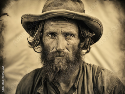 Gold rush miner, scruffy beard, wide eyes filled with hope, felt hat, canvas tent in the background