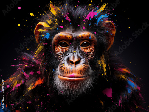 A Vibrant Print of a Monkey Made of Brightly Colored Paint Splatters