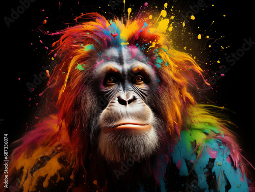 A Vibrant Print of an Orangutan Made of Brightly Colored Paint Splatters