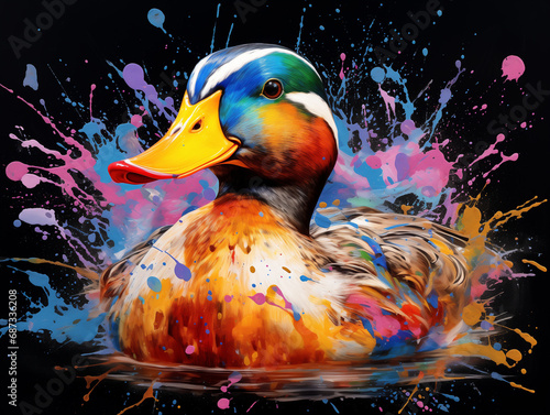 A Vibrant Print of a Duck Made of Brightly Colored Paint Splatters