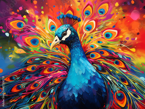 A Vibrant Print of a Peacock Made of Brightly Colored Paint Splatters © Nathan Hutchcraft