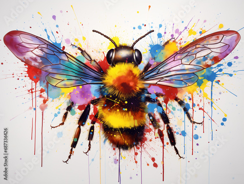 A Vibrant Print of a Bee Made of Brightly Colored Paint Splatters