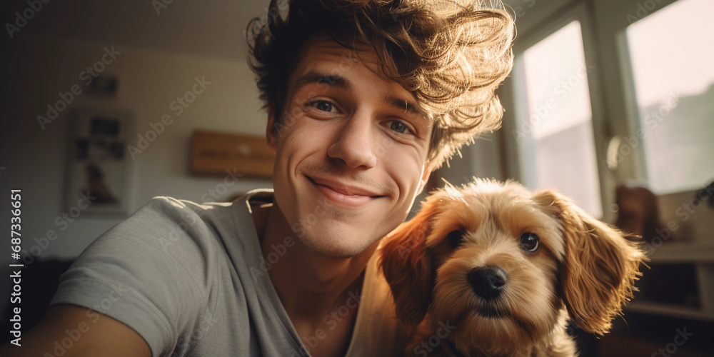 Selfie with a new puppy, soft fur, happy faces, natural light from a living room window Selfie with a new puppy, soft fur, happy faces, natural light from a living room window