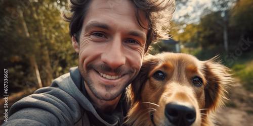 Selfie with a new puppy, soft fur, happy faces, natural light from a living room window © Marco Attano