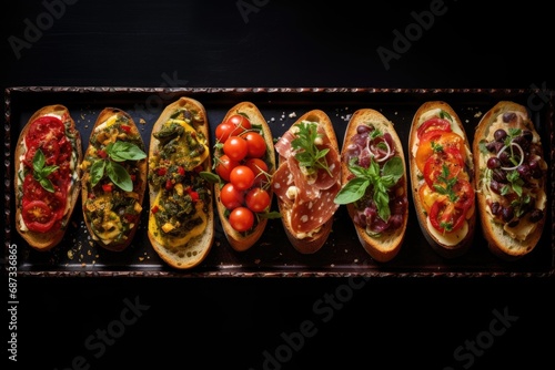 set of different bruschettas with prosciutto, salmon, tomatoes and avocado on a dark background. view from above photo