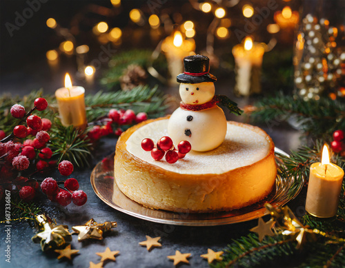 New Year cheesecake with snowman and Christmas decorations. Delicious Xmas smooth cake. Delightful warm Christmas dessert for fun celebrations on a golden plate with candles. Invitation card
