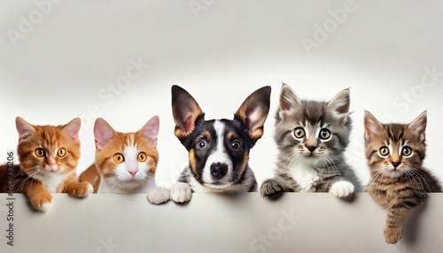 cats and dogs peeking over white edge web banner cute pets white background