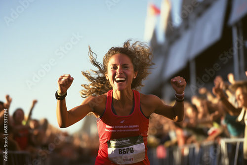 A woman crossing the finish line after running in a competition