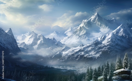 Misty mountain valley with majestic snow-covered peaks rising above a serene pine forest under a soft, illuminated sky © InfiniteStudio
