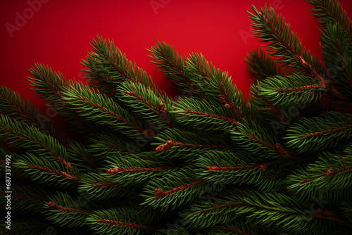 Fir tree branches on a red winter Christmas holiday background  Close up  copy space