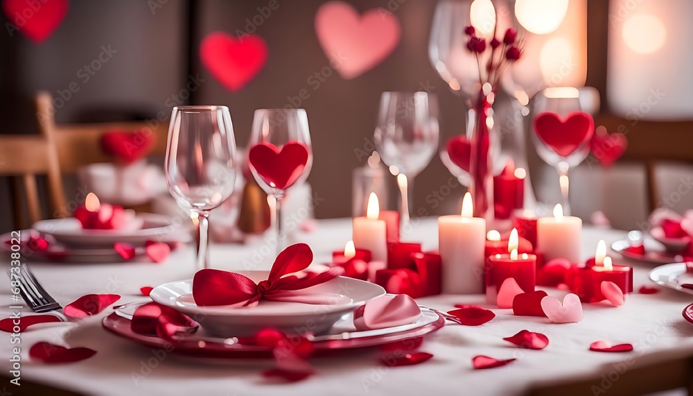 Romantic dinner table setting valentine - obrazy, fototapety, plakaty 