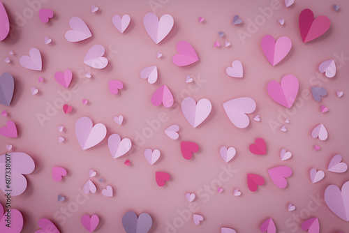 a romantic pattern of irregularly arranged pink hearts, 3d rendering