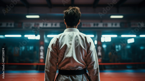 karateka man in a kimono preparing for a fight, back view generative ai © Fukume